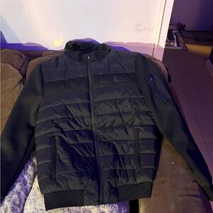 GUESS Black Quilted Puffer Jacket with Knit Sleeves
